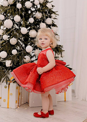 Red Tulle Sparkly Pearl Embellished Flower Girl Dress
